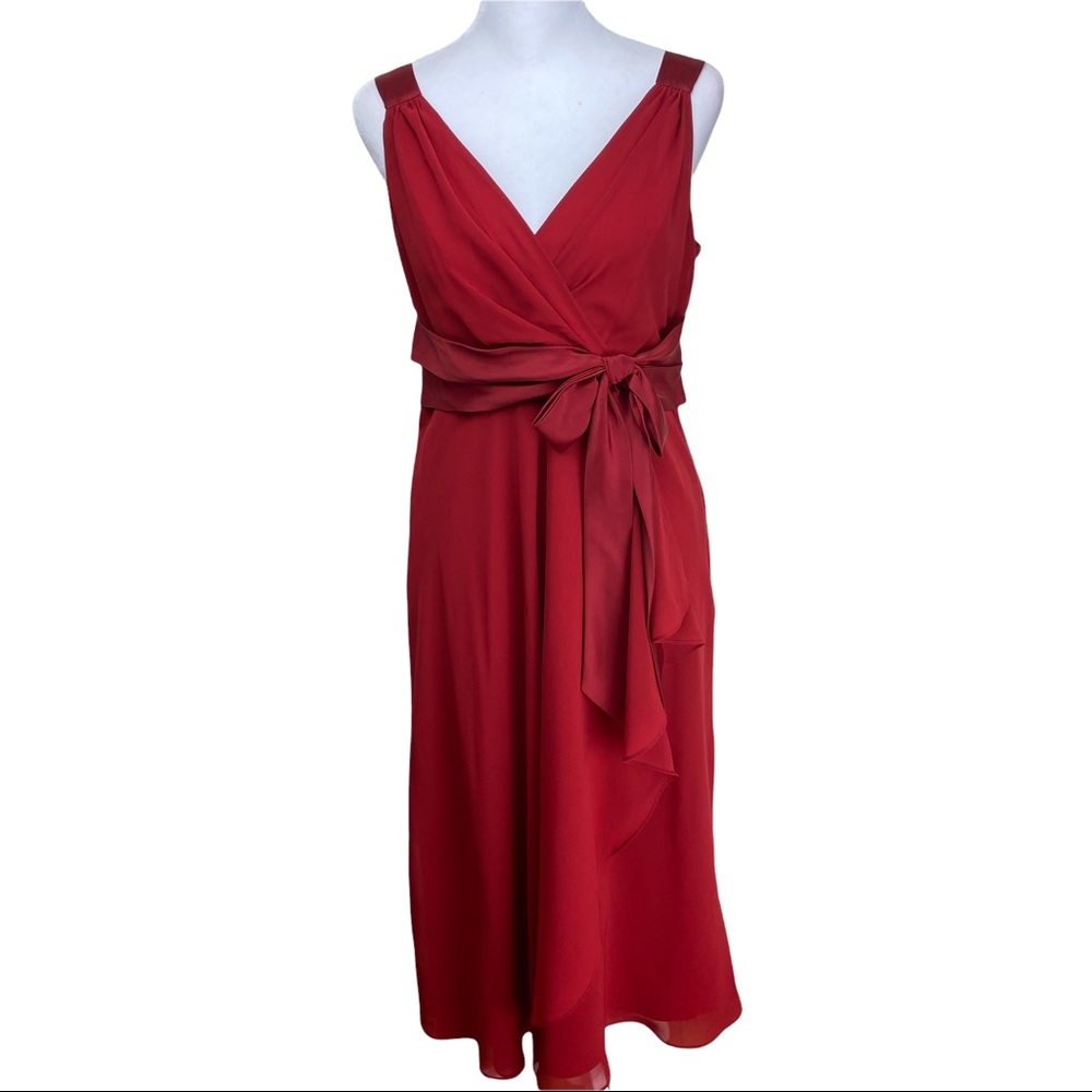 CHAPS Red Dress Cascading Midi Cocktail Party Sleeveless with Bow, Size 6